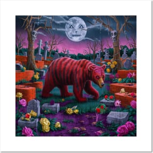 AI generated red striped bear in graveyard Posters and Art